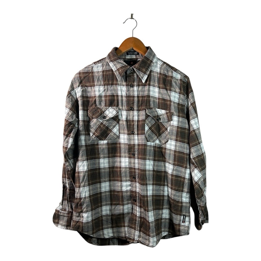 Cozy Skater Grunge Brown and Cream Airwalk Classic Plaid Flannel Button Up Top L